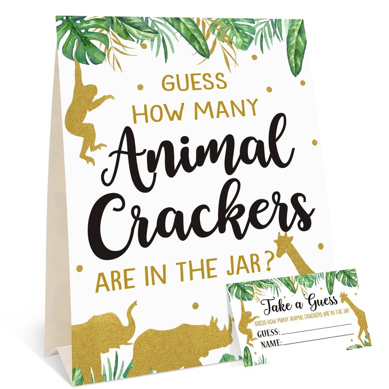 Bessmoso Gold Safari Baby Shower Decorations Supplies Guess How Many Animal Crackers Game with Standing Sign 30 Cards - Image 1